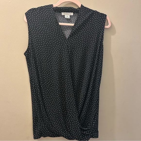 Liz Claiborne Faux Wrap Black Polka Dot Sleeveless Blouse - Picture 1 of 8
